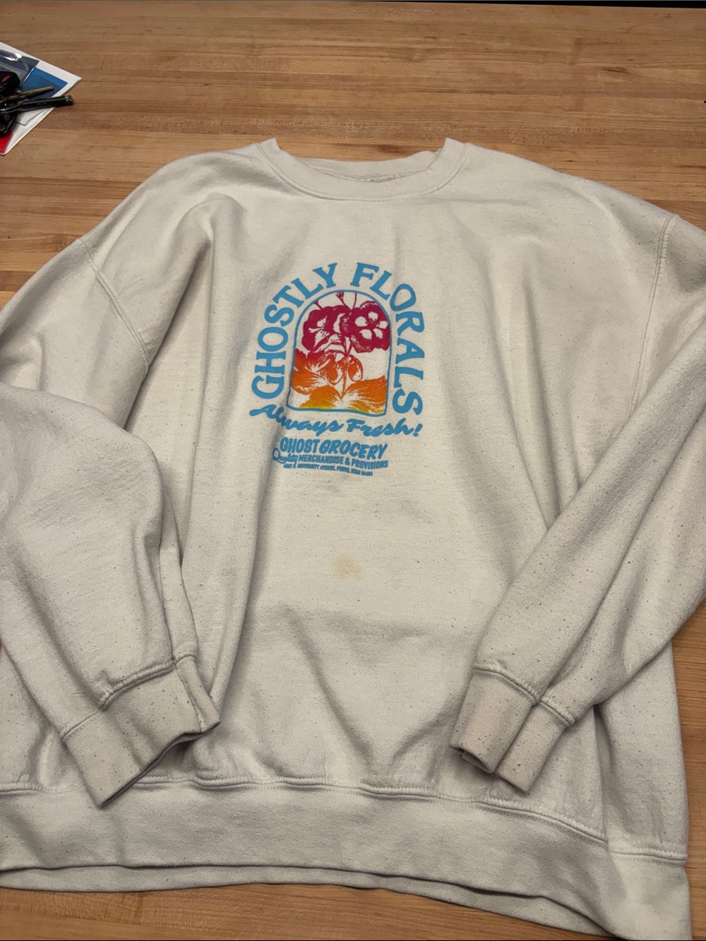 Lonely ghost Grocery 'Ghostly Florals' White Graphic Crewneck Sweatshirt